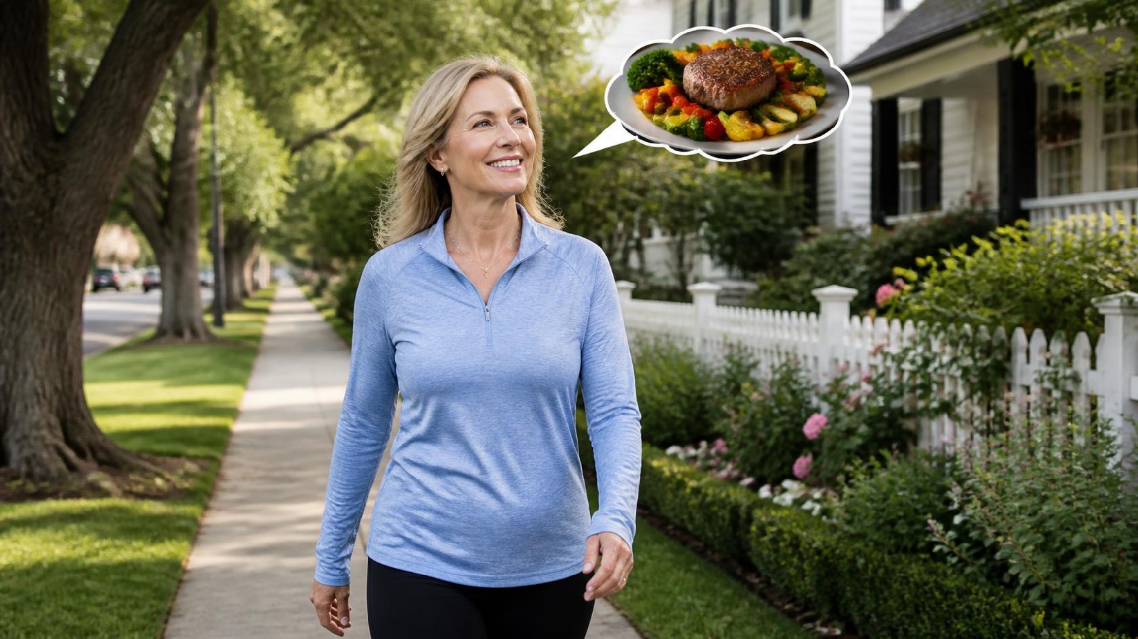 A woman in her fifties walking outdoors, thinking about a healthy meal