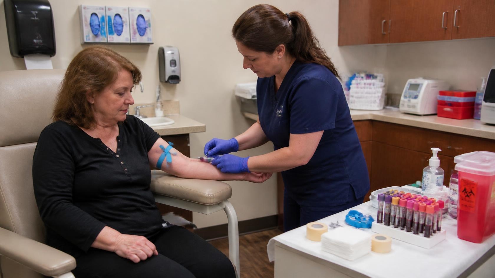 A phlebotomist drawing blood at a lab